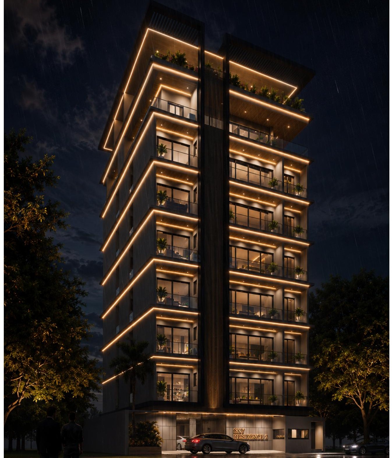 Façade de nuit de Sky Résidence 2